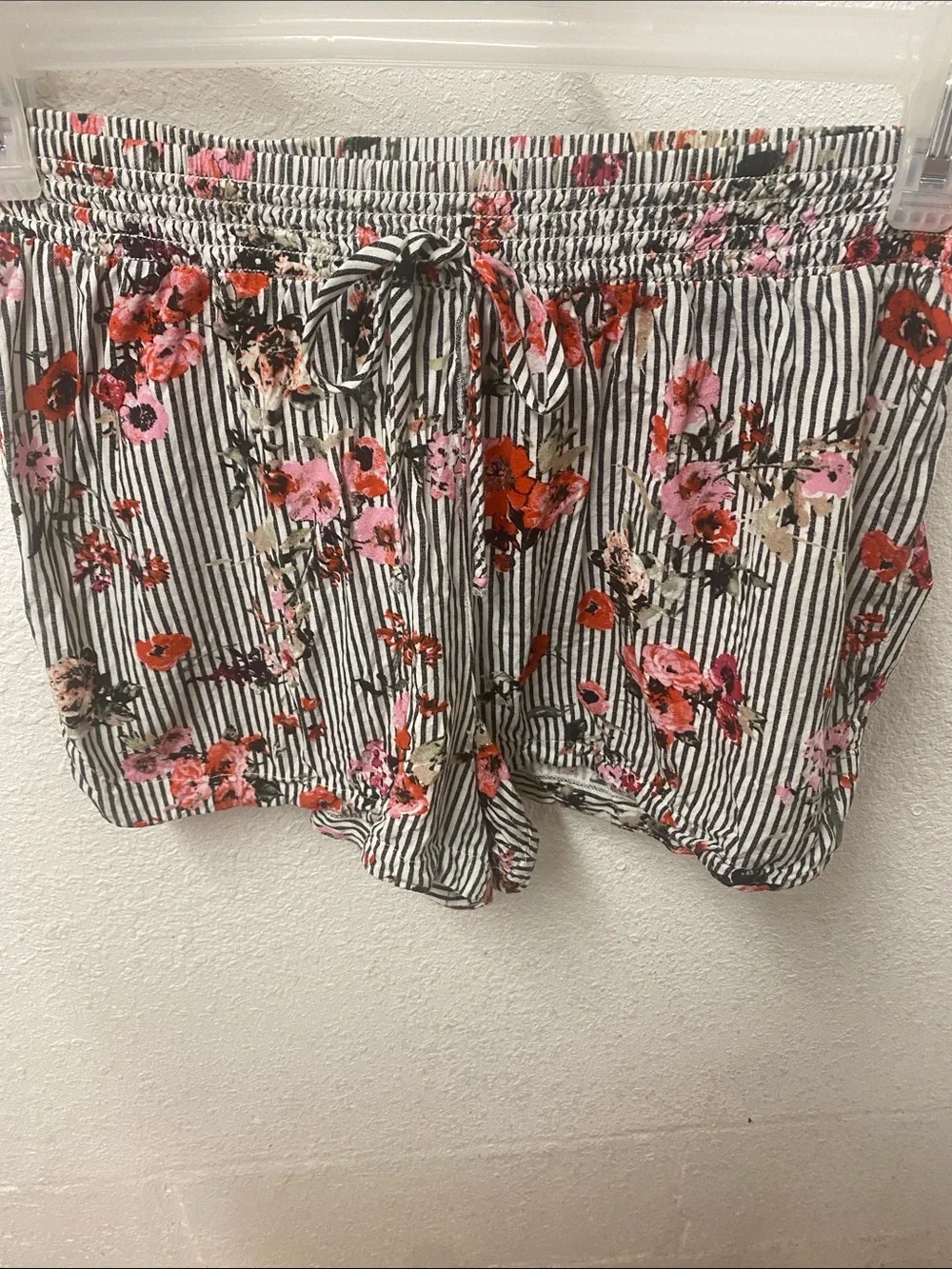 Joe B Black & White Striped High-Waist Shorts with Pink & Red Floral Print
